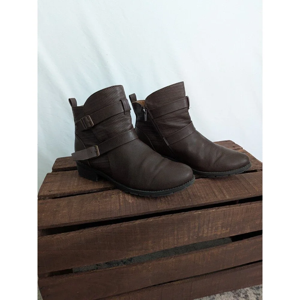 Croft and Barrow Ankle Boots Womens 10 Tower Brown Ortholite Inserts Buckles Zip
